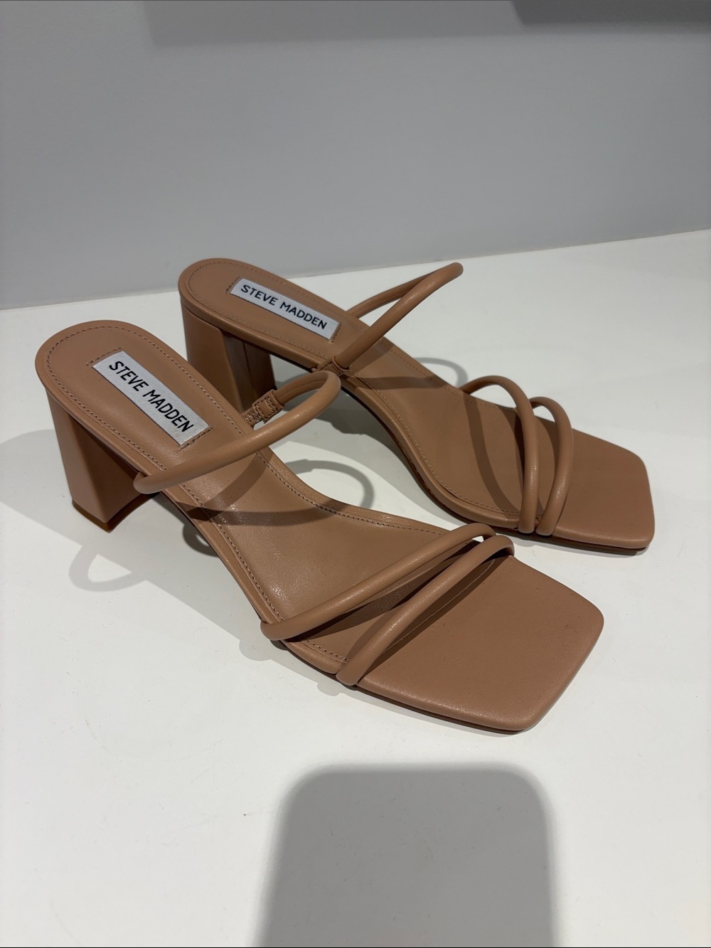Steve Madden Tan Strappy Square-Toe Block Heels